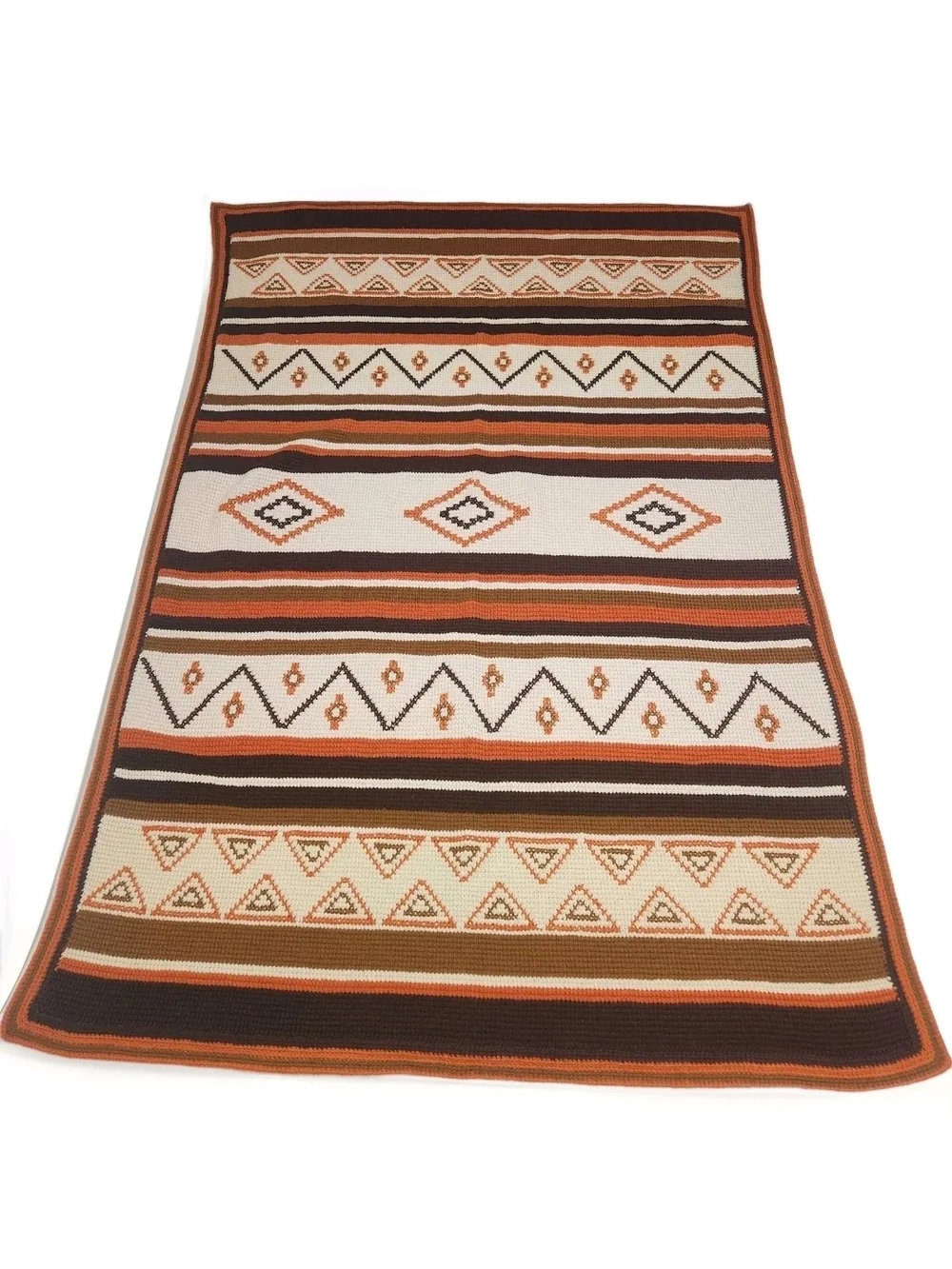 Vtg 70s Southwest Crochet Afghan Blanket Earth Tones Geo Diamond Throw 68x49